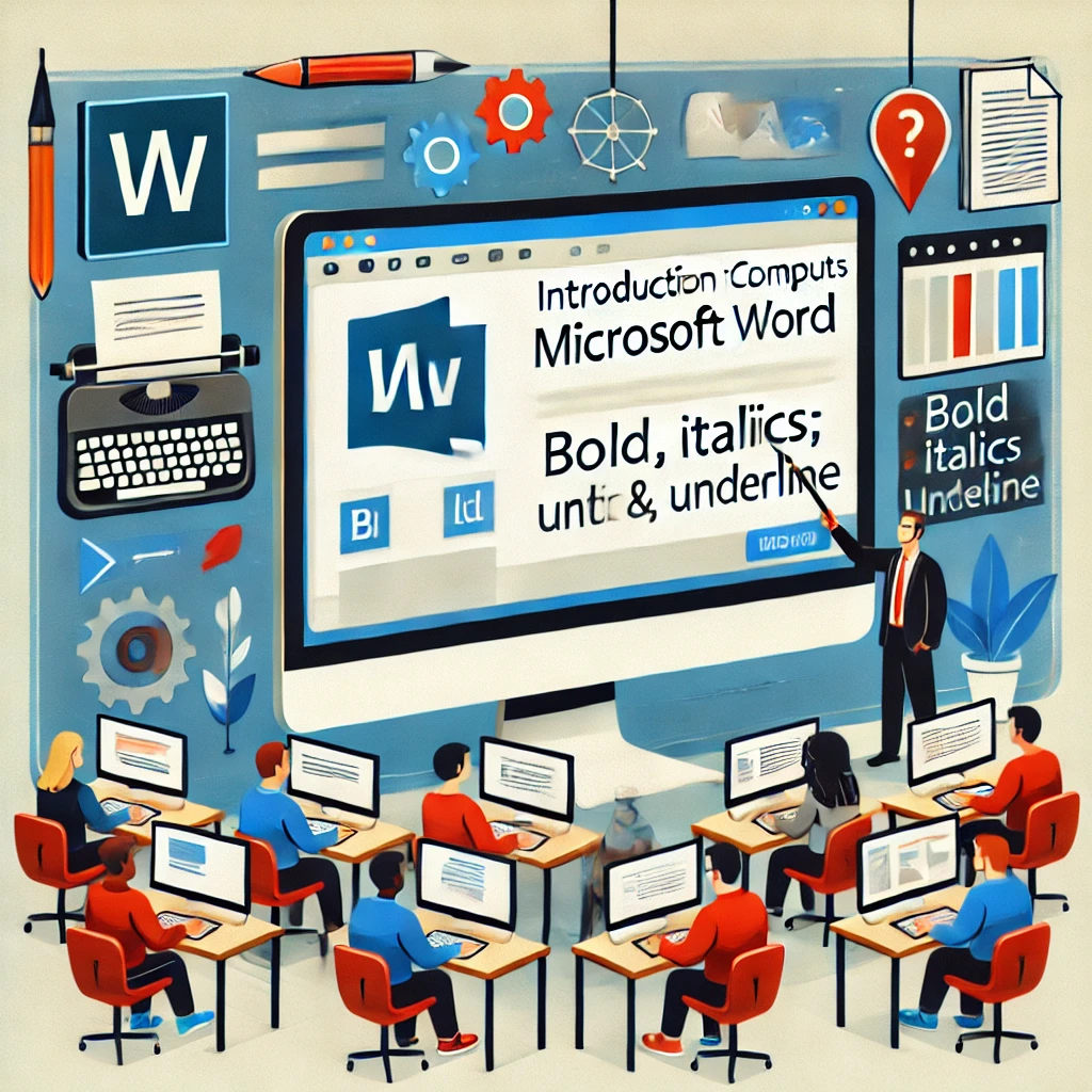 DALL·E 2025-01-16 15.01.07 – An educational illustration showing the concept of ‘Introduction to Computers_ Microsoft Word’. The image includes an open computer screen displaying