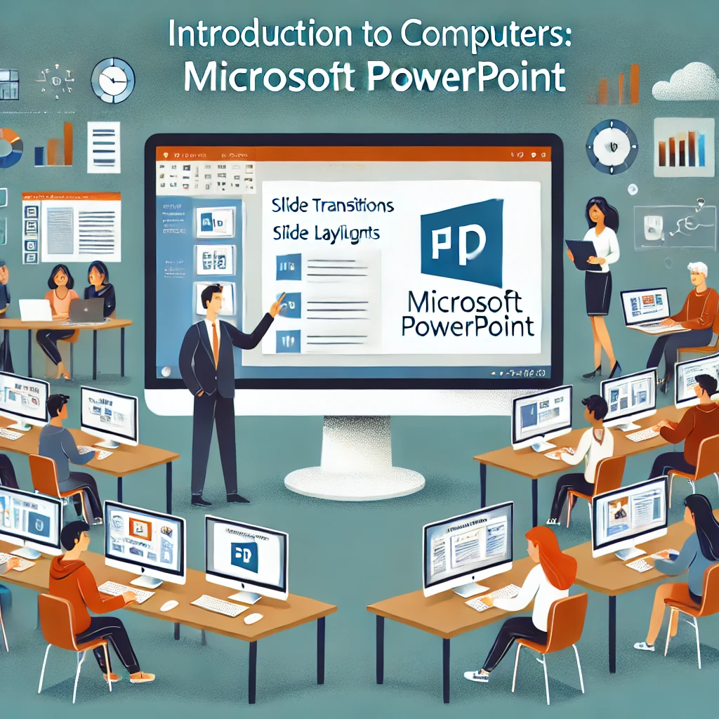 DALL·E 2025-01-16 15.03.24 – An educational illustration showcasing ‘Introduction to Computers_ Microsoft PowerPoint’. The image features an open computer screen displaying a Micr