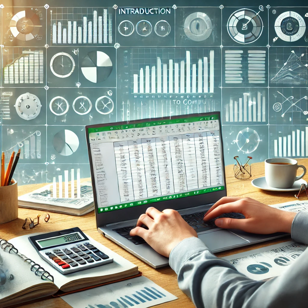 DALL·E 2025-01-16 16.46.30 – An educational and visually engaging illustration representing ‘Introduction to Computers_ Microsoft Excel.’ The scene features a person working on a