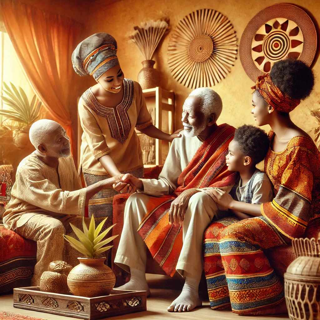 DALL·E 2025-01-16 15.58.11 – A warm and caring scene depicting an African family providing support and love to an elderly member. The elderly person, dressed in traditional Africa