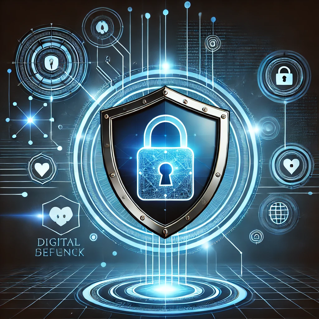 DALL·E 2025-02-11 15.56.01 – A modern cybersecurity-themed image featuring a digital shield with a glowing padlock at its center. The background consists of abstract cyber network