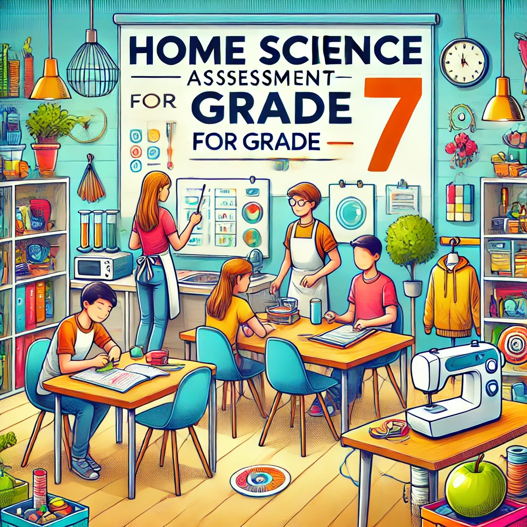 DALL·E 2025-02-12 10.21.30 – A colorful and engaging educational image featuring a Grade 7 Home Science theme. The image includes a modern classroom setting with students particip