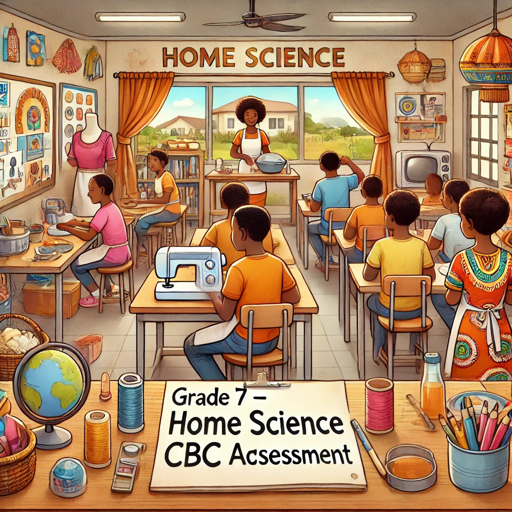 DALL·E 2025-02-13 11.24.19 – An engaging and educational illustration featuring African students in a Grade 7 Home Science classroom. The students are participating in practical a