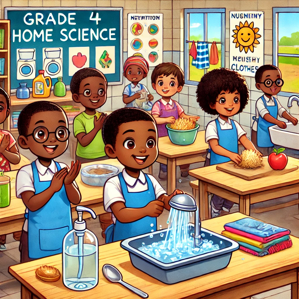 DALL·E 2025-02-17 11.17.38 – A vibrant educational illustration featuring African children engaged in a Grade 4 Home Science class. The children, with dark skin tones, are happily