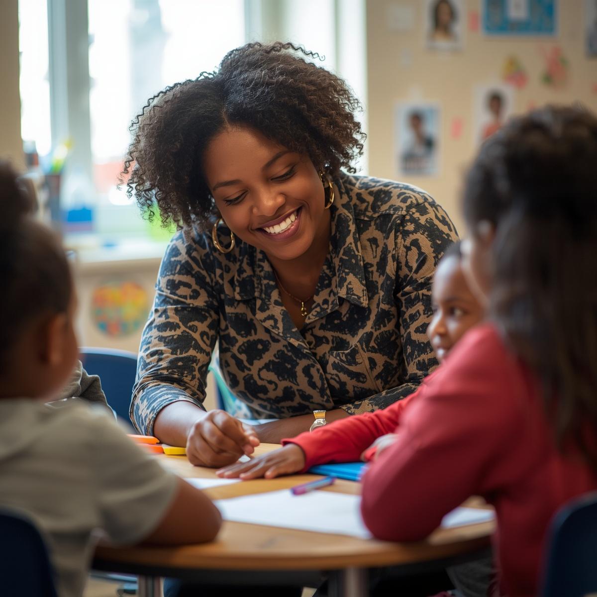 generate an image showing a black teacher in a special needs class generate an image showing a black teacher in a special needs class
